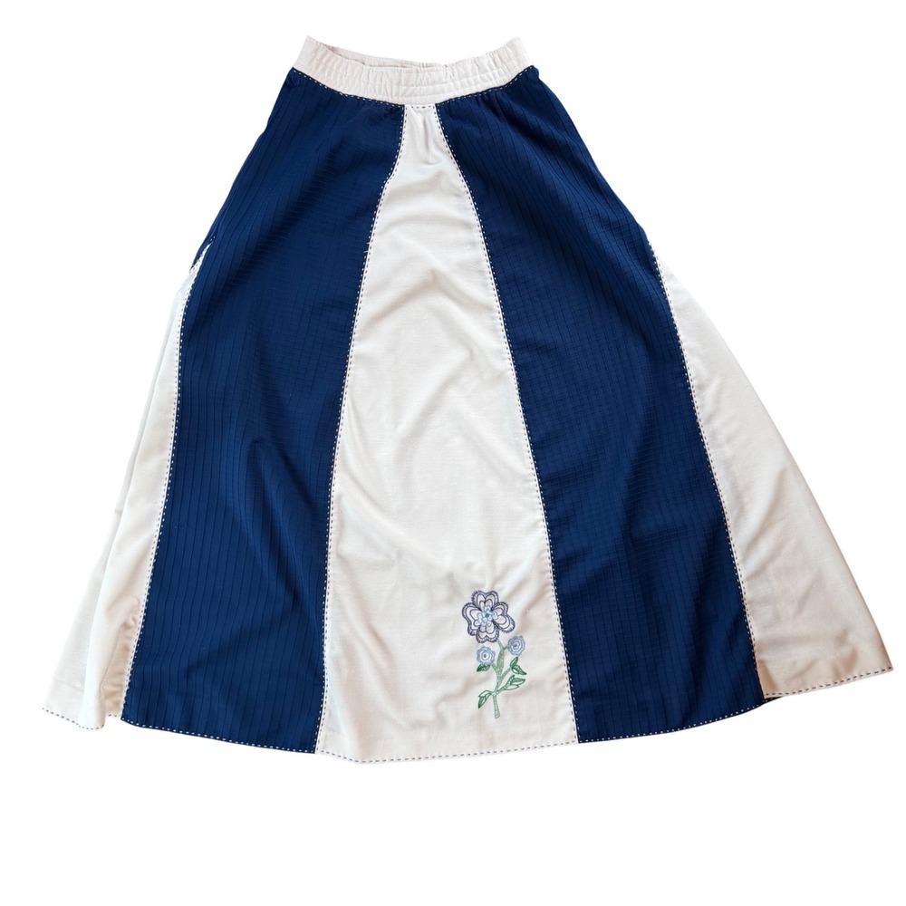 Vintage Boho Folk Maxi‎ Skirt Size M Blue White Embroidered Floral Handmade